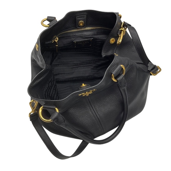PRADA BLACK NERO / GOLD LOGO PLAQUE VITELLO DAINO HANDBAG - Picture 10 of 15